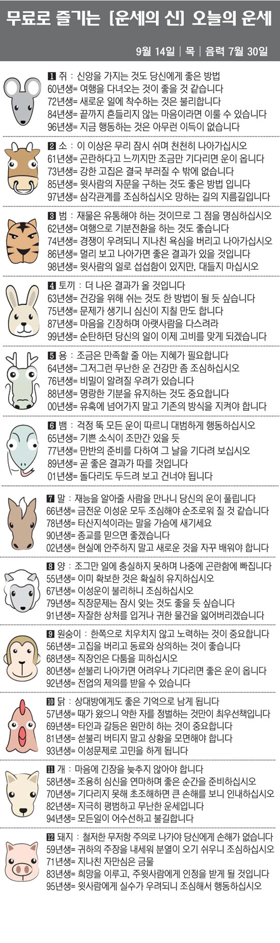 [직장인을 위한 오늘의 운세] 2023년 9월 14일 목요일 오늘의 띠별…