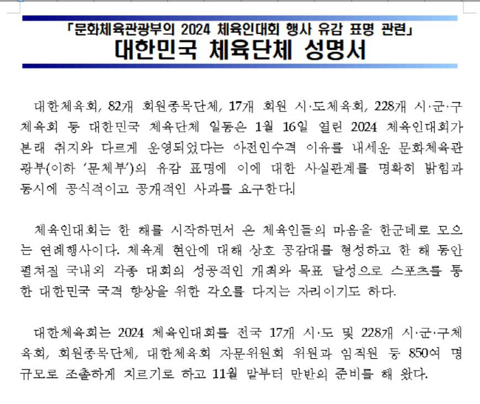 '유감에 유감'대한체육회"문체부 감사청구안 전달,정부 고위당국자 특별요청…