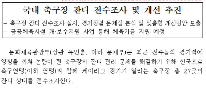 '나라망신 잔디' 문체부X프로축구연맹,K리그 27곳 잔디 전수조사...체…