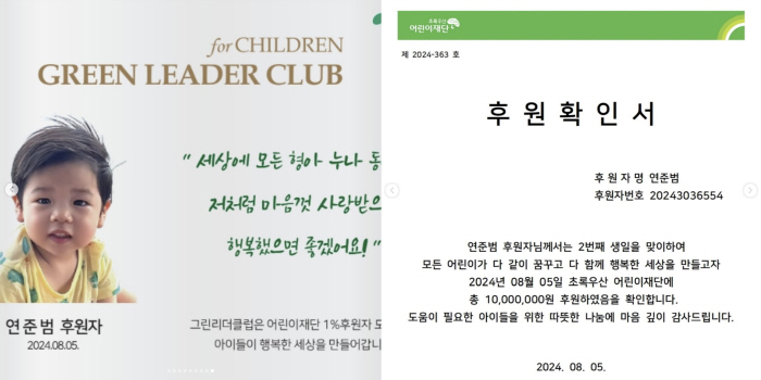 Hong Hyun-hee ♥ Jayson Donates KRW 10 Million on the occasion of hisher second birthday 'May all children be happy'