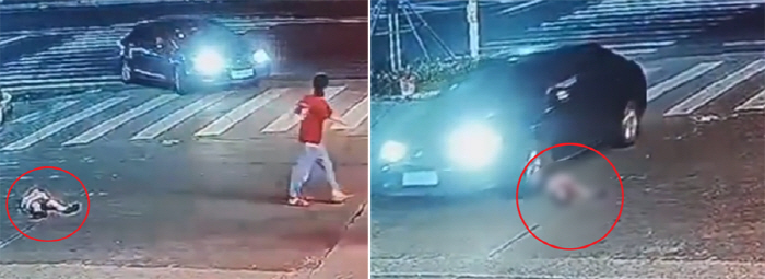 The son who lies on the road and flirts with him, ends up being hit by a car and 'Terrible'