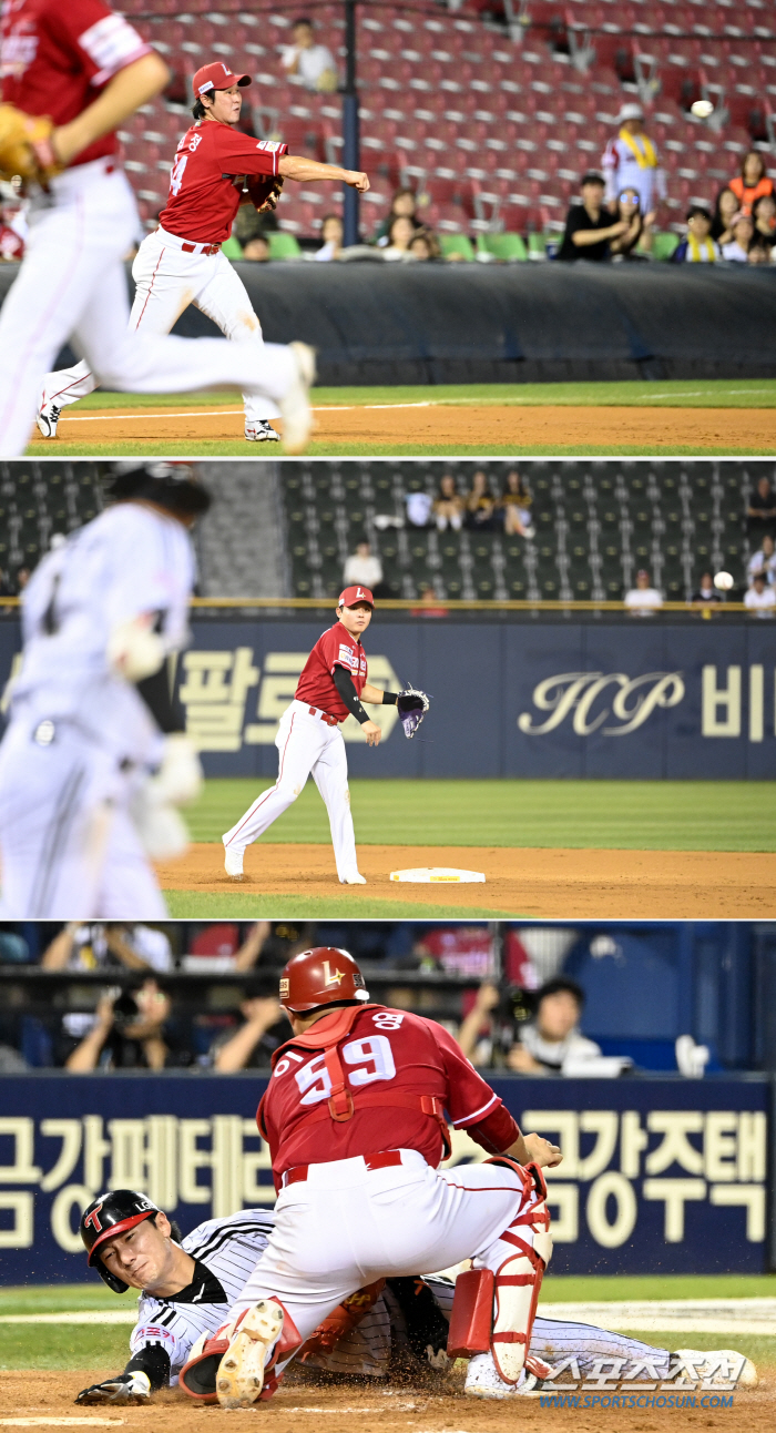 'I can't believe it's triple fat...' Third baseman → second baseman → first baseman → catcher tagout. It was on the first and third bases with no outs, but the inning ended with a ground ball in front of the third base