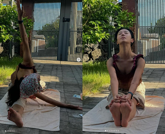 Kwon Yu-ri is healing yoga in the yard of a Jeju island house