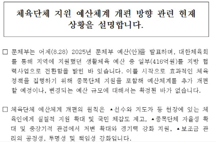 'Explanation materials of the Ministry of Culture's Ministry of Education worth 41.6 billion won in daily sports'Doesn't it mean that only the Korea Sports Council should execute the sports budget?'