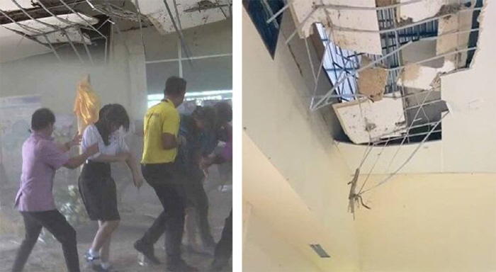 Seven people were injured when the roof of the auditorium collapsed because of the pigeon 'dung'