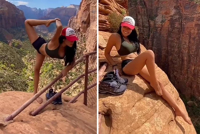 Woman Sitting on the Cliffs and Posing Yoga 'Confusion''Stop Taking Selfies'