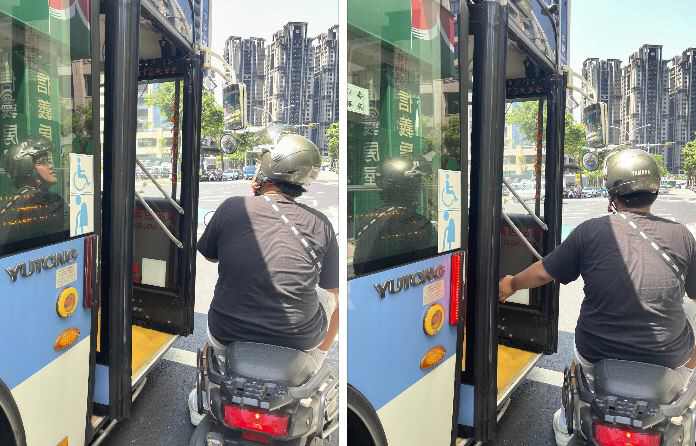 The driver who opened the front door of the bus in the heat of the day is on the motorcycle 