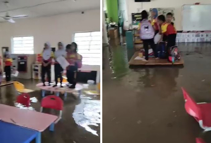 Kindergarten immersed in heavy rain, climb up to children's desks and 'save me.'