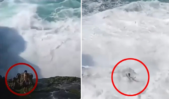 The tourist posing for the picture, the video swept away by the waves 'Shock'