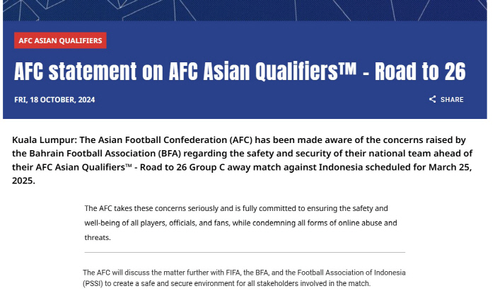 BRAIN-Indonesia 'MALT THREAT THREATS-HOST CONFLICT' AFC launchesAnnouncement of Urgent Statement 'Consultation with FIFA and others to prepare the best solution'