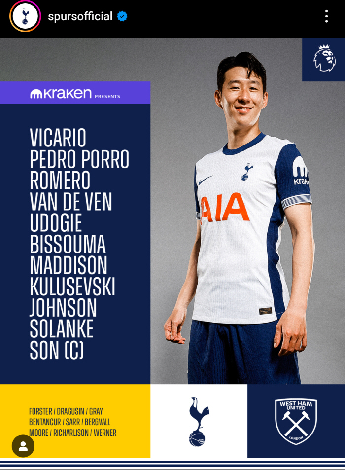 Son Heung-min returns after 3 weeks! Starting against West Ham...Son Heung-min-Solangke-Johnson Three-Top