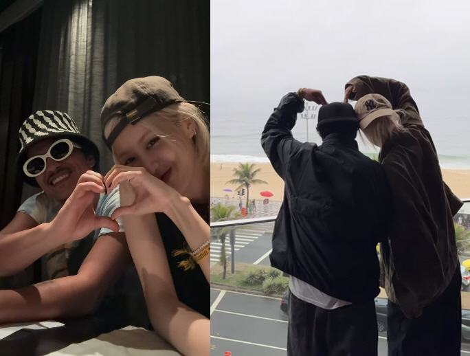 Bruno Mars, Rosé, arms around each other's shoulders  ♥ heart pose...the meeting of the 'Walkle'