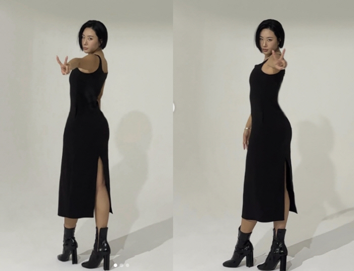 Lee Sang-hwa, wearing a tight black dress, radiating her 'celebrity beauty'