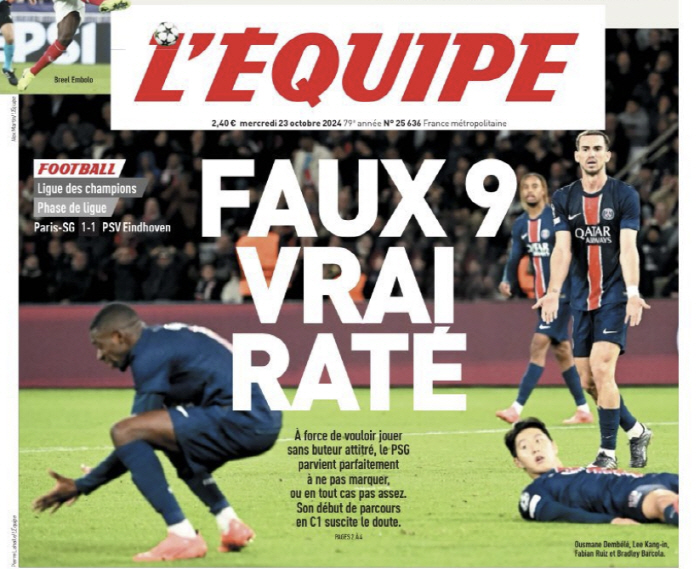 Shock 'Snock Lee Kang-in!'→'Fake 9 failed''The lowest rating in the team'UCL has been criticized by the media...PSG draw 1-1 against Eindhoven