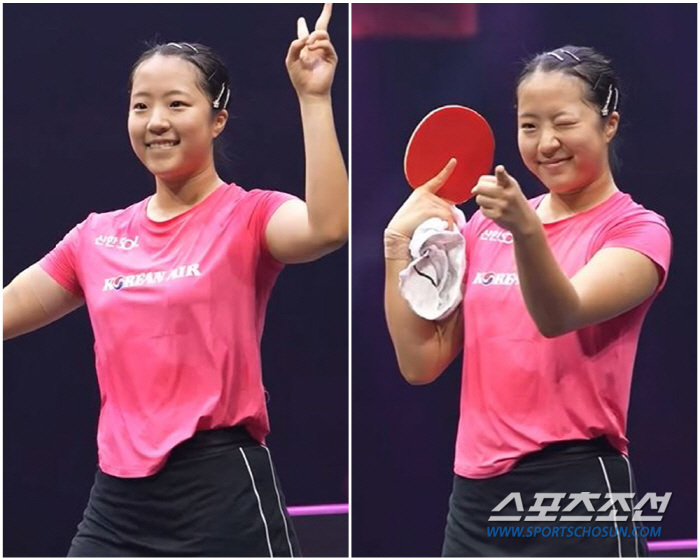 '22-20 deuce blood fight victory → Cute wink ceremony'Shin Yu-bin beats Kang Ho Diaz to advance to the quarterfinals of WTT Frankfurt.'