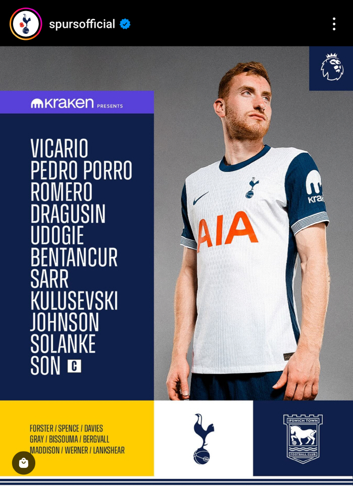 'Son Heung-min Selection' Tottenham announces the lineup of games against Ipswich Town