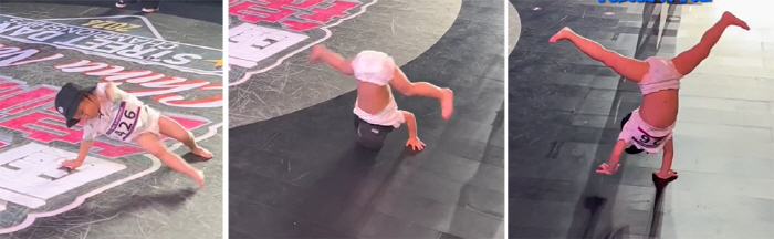 High-level choreography such as head spin for a 3-year-old boy wearing a diaper, hip-hop dance, etc