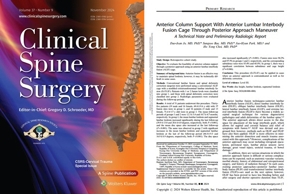 Barunseang Hospital lists papers on spinal fusion as an SCI-level international academic journal