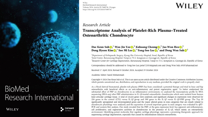 Barunseang Hospital's Platelet-rich Plasma Cell Regeneration Study Listed in SCI-Level International Journal