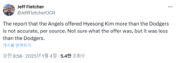 Kim Hye-sung, as the Dodgers eventually offered the highest amount → Los Angeles reporter presented less than the Dodgers