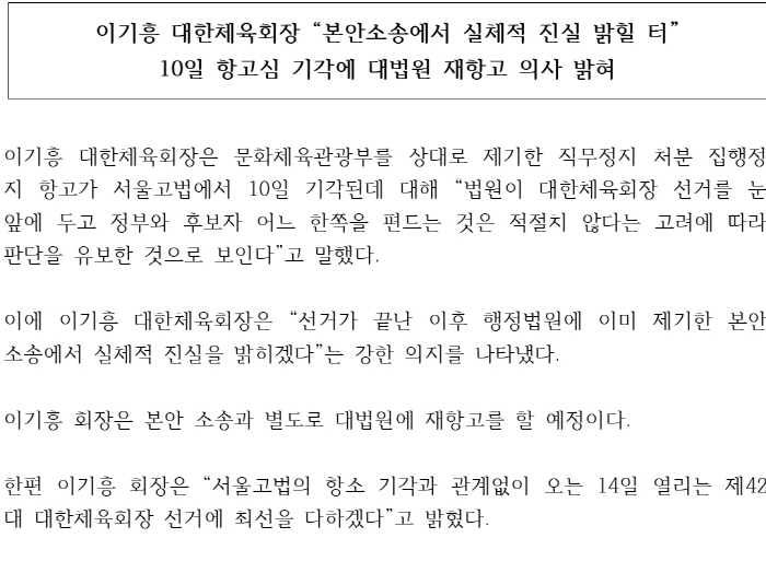 Dismissal of appeal for suspension of duties Reappeal for not siding with either side ahead of the election of Chairman Lee Ki-heung's court