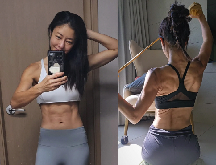 42-year-old Lee Ji-hyun, washboard abs  split back muscles. Who would believe you're a baby